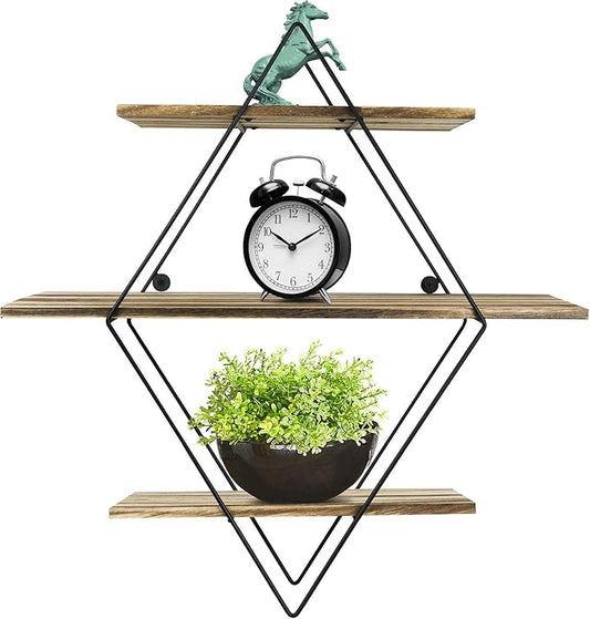 Greenco Geometric Diamond Shaped 3 Tier Mounted Floating Shelves, Rustic Wood Wall Storage Shelves for Bedroom, Living Room, Bathroom, Kitchen, Office, Natural Finish