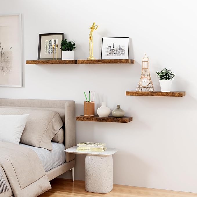 Bellsal Floating Shelves for Wall, Rustic Brown Wood Wall Shelf Set of 4, 16