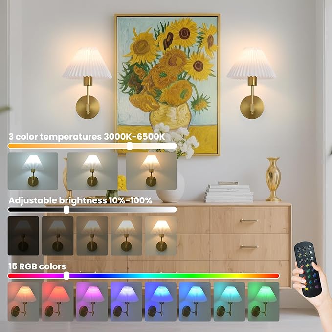 Battery Operated Wall Sconces Set of 2, Gold Rechargeable Wall Lights with Remote, Dimmable Wall Lamp with Pleated Shade,15 Colors Wireless Bathroom Wall Sconce for Bedroom Living Room Hallway