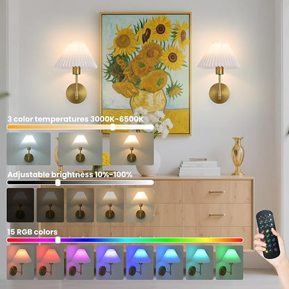 Battery Operated Wall Sconces Set of 2, Gold Rechargeable Wall Lights with Remote, Dimmable Wall Lamp with Pleated Shade,15 Colors Wireless Bathroom Wall Sconce for Bedroom Living Room Hallway