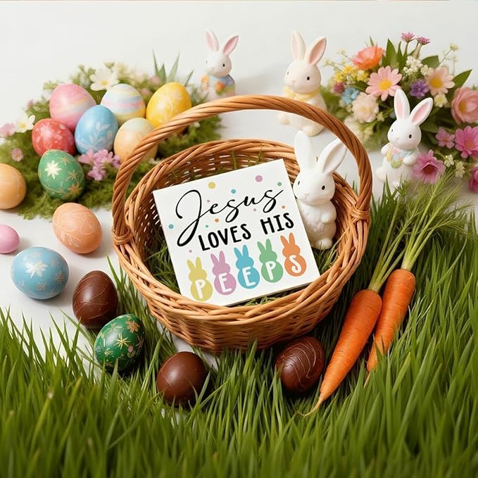 Christian Easter Decor Jesus Loves His Peeps Wooden Box Sign, Religious Bunny Easter Decorations for Home, Farmhouse Easters Desk Decorations for Office Kitchen Shelf Plaque 5x5 Inch