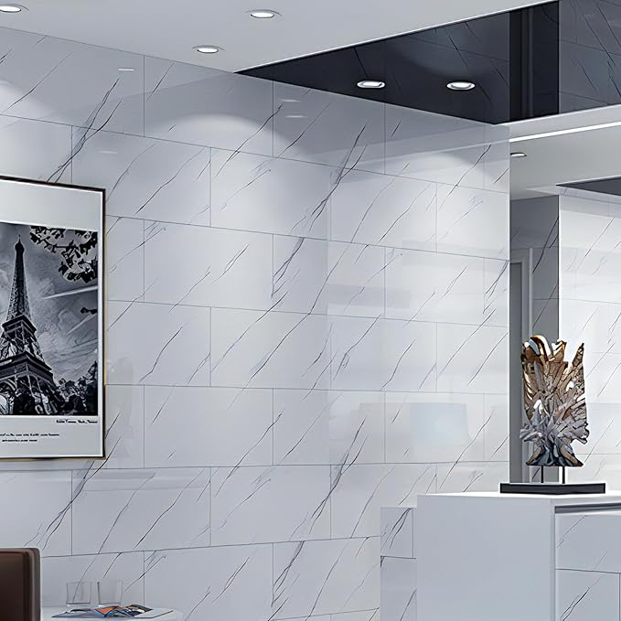 Glossy Marble Contact Paper White Peel and Stick Wallpaper Marble Wallpaper Self-Adhesive Removable 15.7"x197" Wall Paper for Cabinets Bathroom Waterproof Wallpapers Modern Decorative