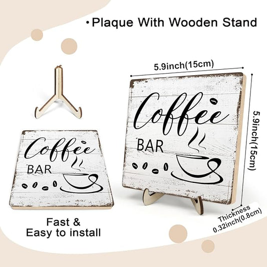 Coffee Bar Decor Sign – Rustic Wooden Plaque for Coffee Station, Farmhouse Cafe Shelf Accessories, Desk or Kitchen Counter Decor,Birthday,Mother Day Gift 5.9 x 5.9 Inch