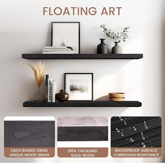 Floating Shelves 24 Inches Long, Set of 2 Solid Rustic Wood Wall Mounted Shelves, Wall Picture Ledge Shelf with Invisible Metal Brackets for Living Room, Bedroom, Bathroom, Black