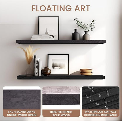 Floating Shelves 24 Inches Long, Set of 2 Solid Rustic Wood Wall Mounted Shelves, Wall Picture Ledge Shelf with Invisible Metal Brackets for Living Room, Bedroom, Bathroom, Black