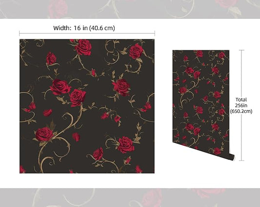 FLFK Gothic Wallpaper Peel and Stick Red Rose Wallpaper 16in x 256in Floral Contact Paper Removable Self Adhesive Dark Wall Paper for Bedroom Bathroom Cabinet Decor