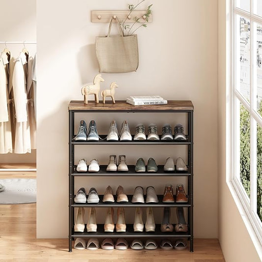 Shoe Rack Organizer 5 Tier Metal Organizer Shelf with Industrial MDF Board and Layer Fabric for Entryway Closet Bedroom Living Room Garage,Black & Rustic Brown (Black+Rustic Brown, 5 Tier)