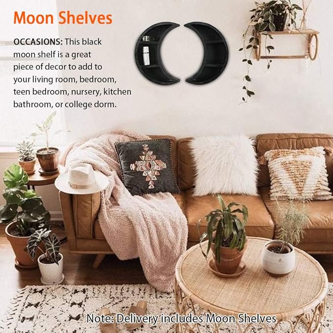 Saycker 2 Pcs Moon Shelves, Wooden Crescents Moon Shelf for Crystal Display, Wall Mounted Moon Shelf Wall Decor, Crystal Display Shelf Floating Shelves, Moon Decor for Living Room(Black)