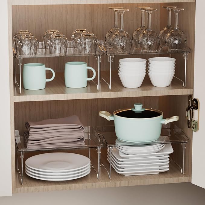 2 Pcs Cabinet Organizer Shelf, Stackable Kitchen Counter Shelves, Spice Rack,Countertop Organizers, Clear Plastic Storage Shelves Rack for Makeup,Bathroom,Cupboard,Desk,Pantry Organization