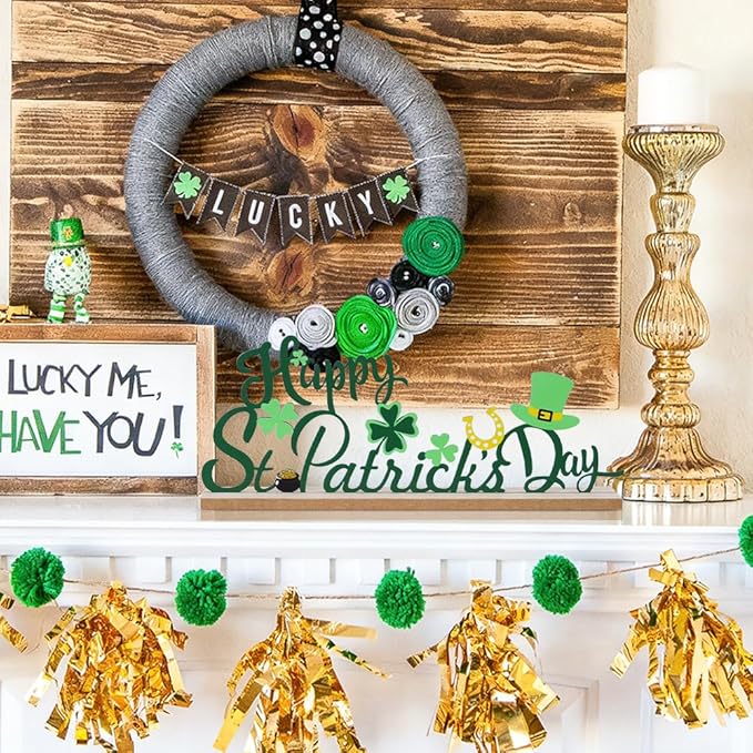 MEETYAMOR St Patricks Day Decorations, Wood Metal Happy St Patricks Day Sign for Table Decor, Farmhouse Rustic St Patricks Day Decorations for The Home, Kitchen, Mantle, Shelf