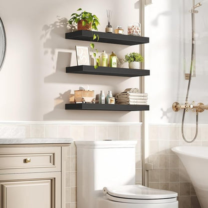 Floating Shelves for Wall, 1.5" Thick Wall Shelf Set of 3 with Invisible Brackets, 23.6L x 7.9W Hanging Book Shelves Farmhouse Home Decor for Bathroom, Living Room, Bedroom, Black 6301BJP3BK