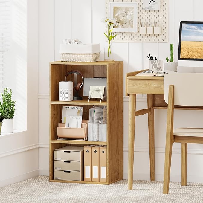 Giantex 3 Shelf Bookcase, Modern Bookshelf Cube Storage Organizer, Open Storage Cabinet Multi-Functional Home Office Bedroom Furniture Display Bookcases, Natural
