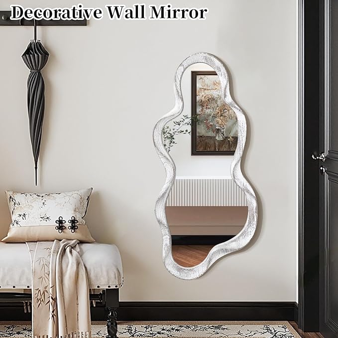 Asymmetrical Cloud Wavy Mirror - Large Irregular Wall Mirror with Modern Wood Frame - Decorative for Bedroom, Living Room, Bathroom, Entryway - White