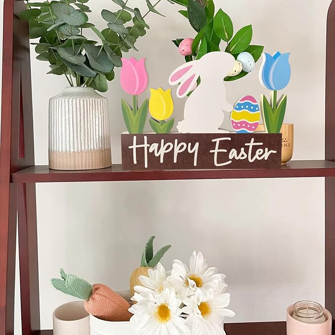 Wooden Bunny Easter Table Decorations Happy Easter Tulips Tiered Tray Decor Rustic Farmhouse Centerpiece Decor Decorative Mantle Tabletop Accent Home Office Wood Sign 6 Pcs Pink Yellow Blue White