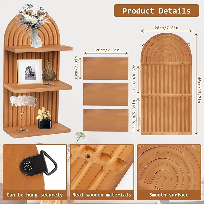 2 PCS Boho Wall Shelf with Screws, Wooden Rainbow Wall Shelves Mid Century Boho Arch Shelf, Boho Decor Shelves for Bathroom, Bedroom, Kitchen Decoraction and Storage (Wood-05)
