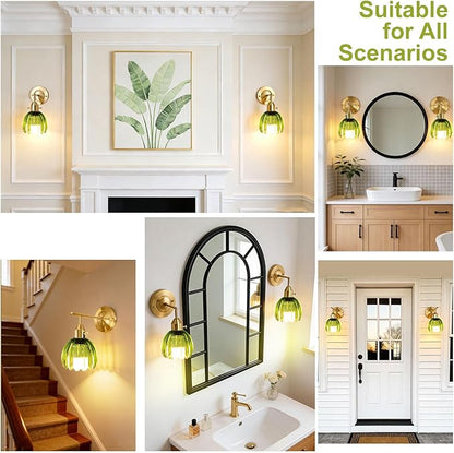 Vintage Gold Wall Sconces with Green Tulip Glass Lampshade, Hardwired and Wireless Wall Lamp (2 Usage Methods), Brass Sconces Hradwired Modern Wall Light Fixture for Bedroom Living Room