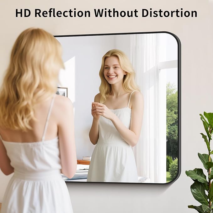 Koonmi Black Framed Bathroom Mirror - 28x32 Inch Shatterproof Tempered Glass Vanity Mirror for Bathroom Sink, Wall Mounted with Matte Aluminum Alloy Frame, No Distortion, Modern Decor