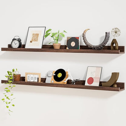 Heimlove Picture Ledge Shelf,48 inch Long Floating Shelves for Wall Set of 2,Picture Shelf with Lip for Wall Decor,Living Room,Bedroom,Bookshelf,Nursery,Perfume,Walnut Color