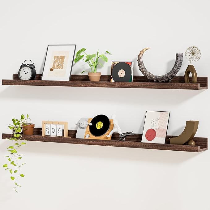 Heimlove Picture Ledge Shelf,48 inch Long Floating Shelves for Wall Set of 2,Picture Shelf with Lip for Wall Decor,Living Room,Bedroom,Bookshelf,Nursery,Perfume,Walnut Color