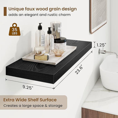 24in Floating Shelves for Wall, 24"W x 9.25"D x 1.25"H, 2 Pack Long Wall Mounted Engineered Wood Shelves with Invisible Brackets for Living Room, Bedroom, Bathroom, Kitchen Decor and Storage, Black