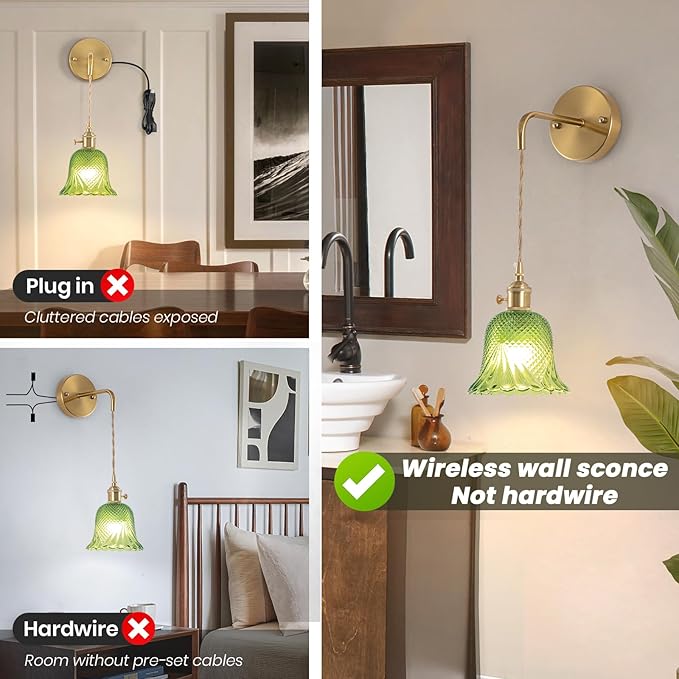 Battery Operated Wall Sconce, Rechargeable Battery Powered Wall Light with Green Glass Lampshade,Wireless Wall sconces with Magnetic RGB Bulbs for Bedroom Living Room Hallway, Wall Decor Set of 2