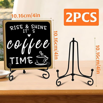 2Pcs Coffee Bar Sign Decorations, Black and White Coffee Sign Decor with Iron Stand Wooden Coffee Bar Decor Tabletop Shelf Accessories, Coffee Decorations for Coffee Bar Coffee Station Home Farmhouse