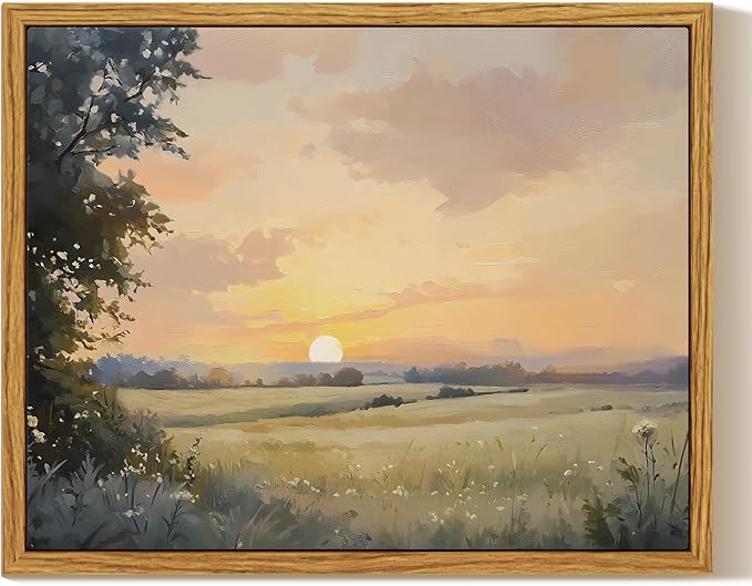 InSimSea Framed Canvas Wall Art, Vintage Wall Decor, Fall Landscape Watercolor Painting for Living Room, Bedroom Earthy Country Autumn Sunset Print Pictures Decorations,8x10inch