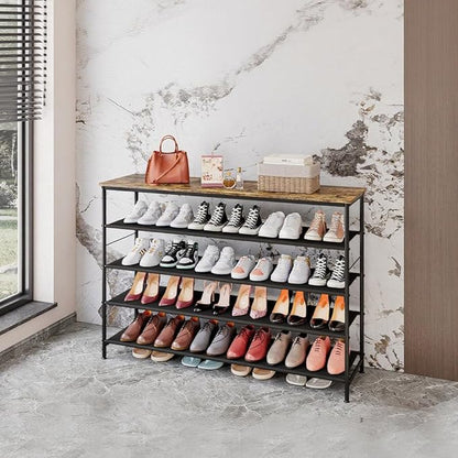 Shoe Rack Organizer 5 Tier Metal Organizer Shelf with Industrial MDF Board and Layer Fabric for Entryway Closet Bedroom Living Room Garage (Black+Rustic Brown, 5 Tier(47.2" W))