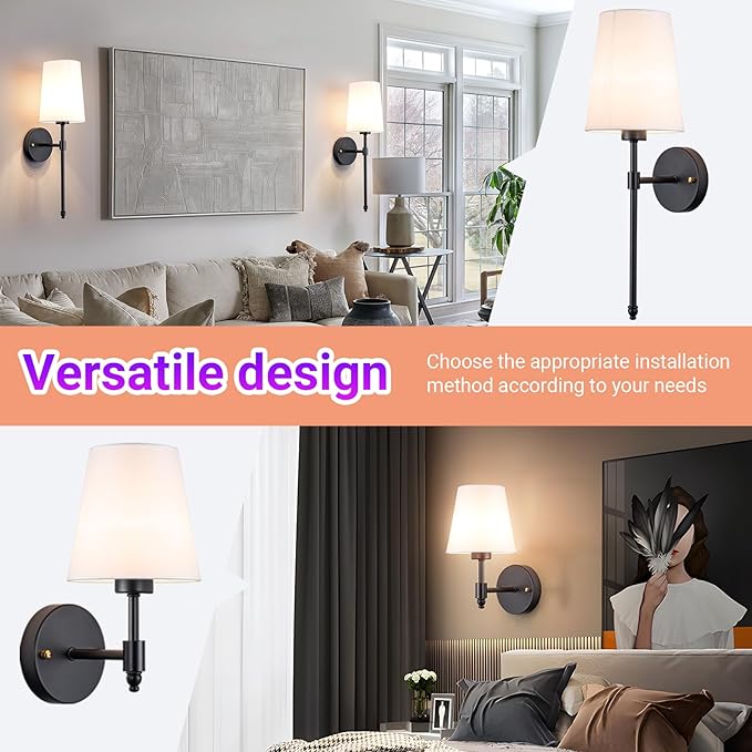 Battery Operated Wall Sconce Light with Remote Control, Dimmable Wall Sconce Set of 2 with White Fabric Shade, Wireless Battery Operated Wall Lamp for Bedroom Living Room, Bulb Included