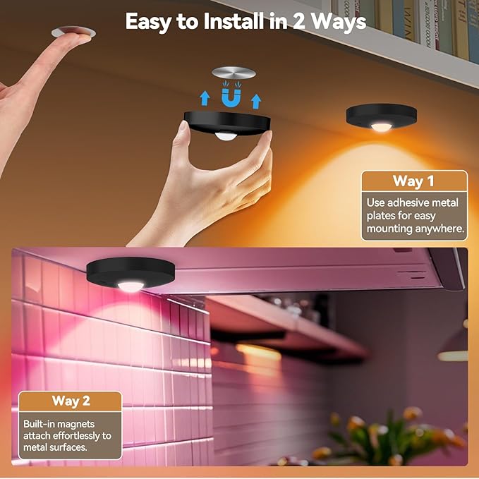 Rechargeable Puck Lights with Remote, 3 Pack Magnetic Under Cabinet Lighting, 1500mAh Battery Operated LED Tap Lights with Dimmer & Timmer for Kitchen, Closet, Shelf - 3 Color Temps & 12 RGB, Black