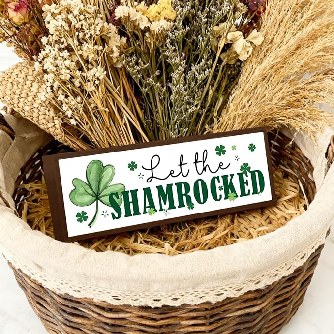 Let the Shamrock Signs, Lucky Four Leaves Clover Decor, St. Patrick's Day Themed Decors for Cafe Shop Coffee Bar, Farmhouse Decor for St. Patrick's Day, Irish Home Party Decorations, 9.5x3.1x1 inches