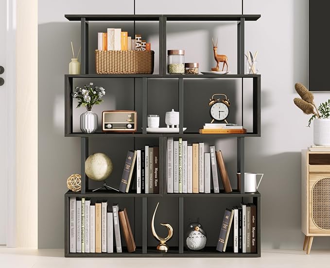 Furologee Geometric Bookshelf 5 Tier Bookcase, Industrial S-Shaped Display Storage Shelf for Small Space, Tall Metal Wood Decorative Standing Shelves for Bedroom, Living Room, Office, Black Oak