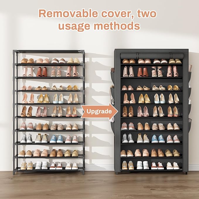 Shoe Rack with Cover, 10 Tier Shoe Organizer Storage for 40-50 Pairs Sneaker and Boots, Large Capacity, with 8 Pockets, Free Standing Tall Shoe Rack for Front Door Entrance, Closet