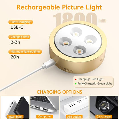 Brightown 3-Pack Picture Lights for Wall,Rechargeable Battery Operated Painting Light Magnetic Art Display Light with Remote, Puck Lights, Dimmable & Timer Art Lighting for Paintings Wireless,Gold