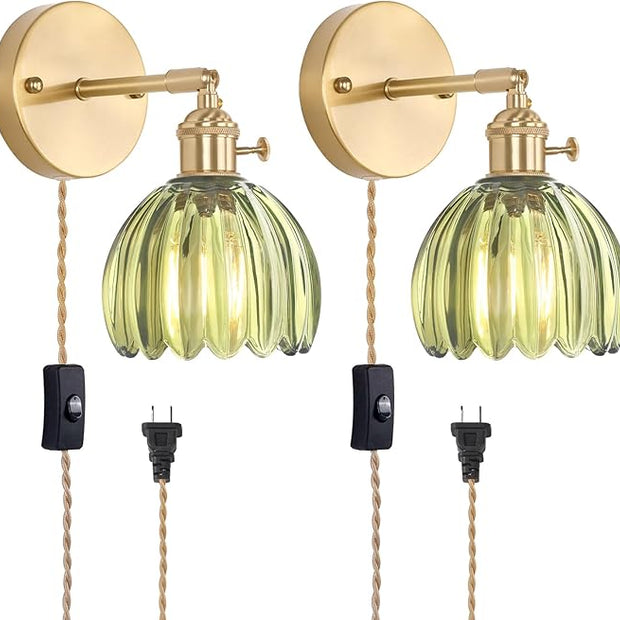 Plug in Wall Sconce, Green Tulip Glass Lampshade Wall Light Plugin Corded for Bedside Bedroom Doorway, 2 Pack