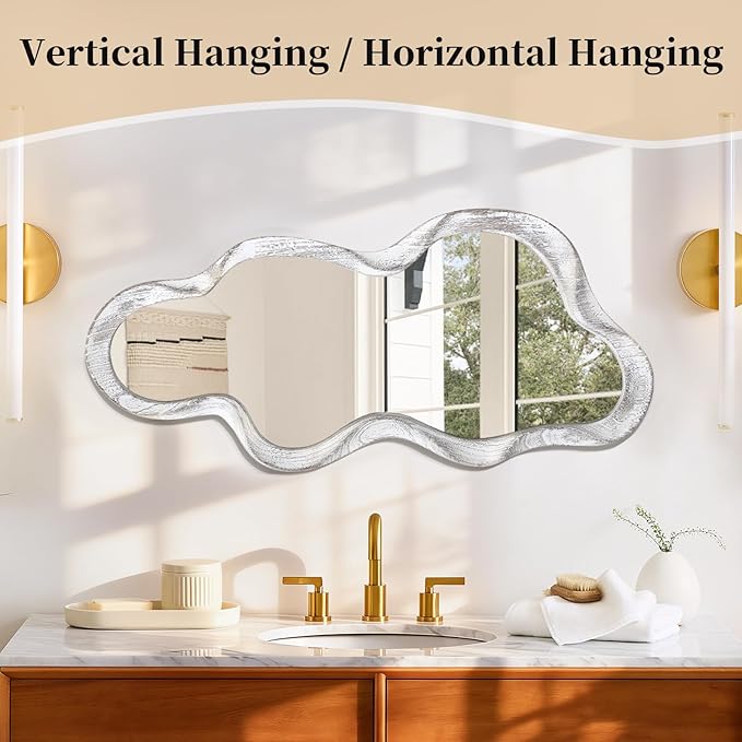 Asymmetrical Cloud Wavy Mirror - Large Irregular Wall Mirror with Modern Wood Frame - Decorative for Bedroom, Living Room, Bathroom, Entryway - White