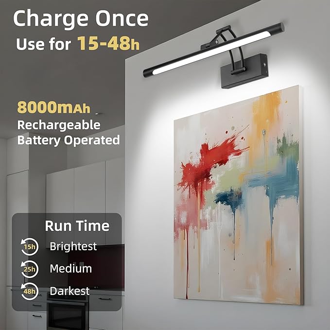 16“ Picture Lights for Wall, 8000mAh Rechargeable Wireless Picture Light with Remote, Dimmable 3 Colors LED Art Lighting for Paintings Frame Poster Dartboard Gallery Light, Black