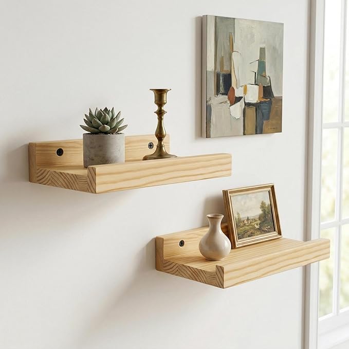 Z metnal Small Decor Shelves, Mini Floating Wooden Display Wall Shelf for Smart Speaker WiFi Collectables, Sauna Shelves, Wood, Wall Mounted, 8 x 5.5 inch, 2 Pack