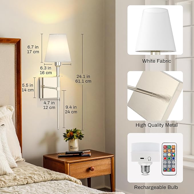 DORESshop Battery Operated Wall Sconce Set of 2, Nickel Rechargeable Wall Lights, Sconce Wall Decor Set of 2, 7 Colors Mode Wireless Sconces for Bedroom Living Room Hallway