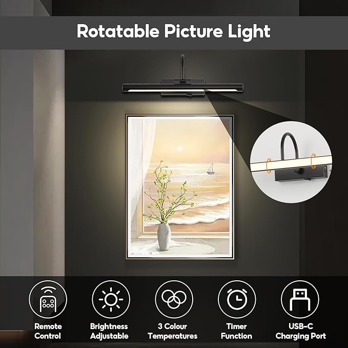 20" Picture Light for Wall Black Rechargeable Wireless Remote Lights Dimmable LED Art Painting Light with 3 Color Temp Display for Gallery Artwork Paintings Portraits Dartboards Display