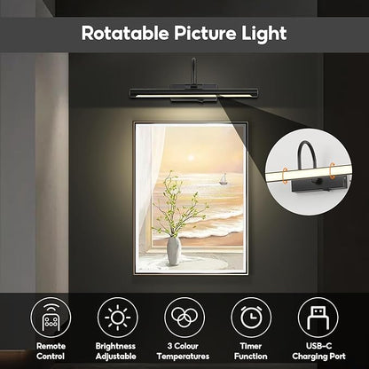 20" Picture Light for Wall Black Rechargeable Wireless Remote Lights Dimmable LED Art Painting Light with 3 Color Temp Display for Gallery Artwork Paintings Portraits Dartboards Display