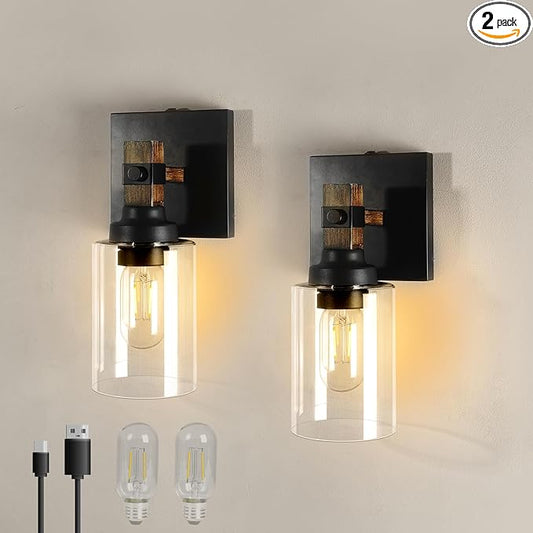 Battery Operated Wall Sconce 2-Pack Farmhouse Rechargeable Wall Lamp Set of Two No Wired Required, Easy Install Cordless for Bedroom Bathroom Livingroom