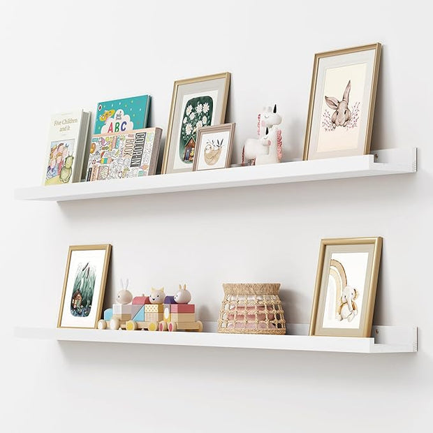 Picture Ledge Shelf, Floating Shelves Set of 2, Solid Ash Wood 56'' Long Large Nursery Book Shelves for Toys Storage, Kids Bookshelf for Living Room Bedroom Decor Books Photo Frames, White