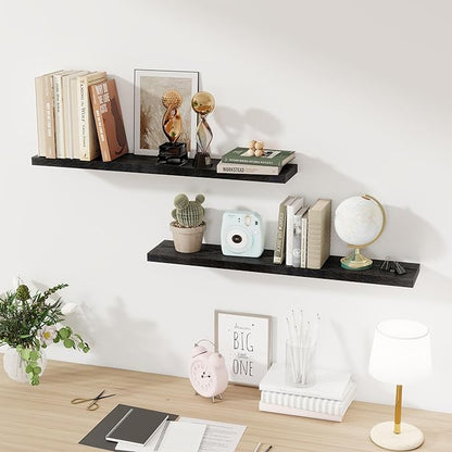 Fun Memories 36Inch Floating Shelves for Wall 2 Pack Wood Shelves for Kitchen, Bathroom, Bedroom Wall Mounted Rustic Wood Floating Shelf with Invisible Brackets for Books, Storage, Decor, Black