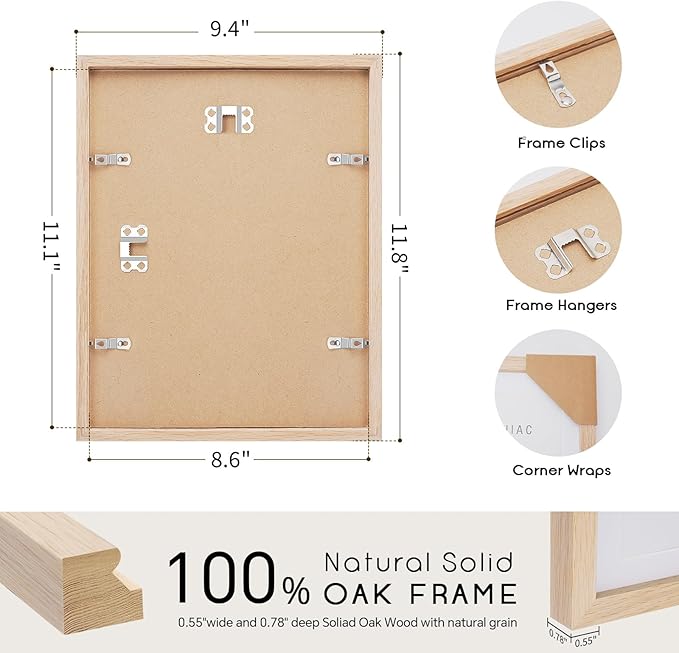 puthiac 8.5x11 Solid Oak Wood Picture Frame, Fits 2Pcs 5x7 with Mat or 8.5x11 Without Mat, Wall or Tabletop Display with Stand, Vertical or Horizontal, Plexi Front, 1 Pack, Natural Oak