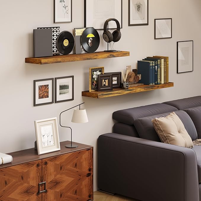 BAMEOS Floating Shelves, 31W x 7D Rustic Brown Wall Mounted Wooden Shelves with Invisible Brackets Set of 2, Hanging Wall Shelves Decoration for Bedroom, Bathroom, Living Room and Kitchen