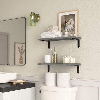 RICHER HOUSE Rustic Wood Bathroom Shelves Set of 2, Farmhouse Style Floating Shelf for Wall Décor, Hanging Shelves for Bedroom, Storage, Kitchen, Living Room - Grey