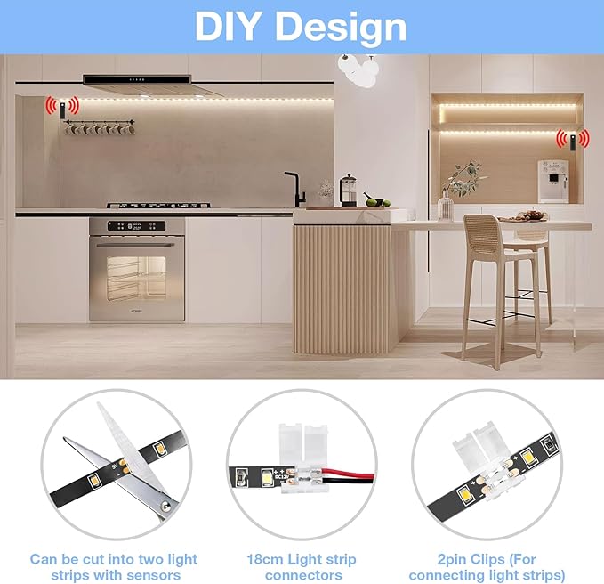 WOBANE Dual Motion Sensor Light Strip, Rechargeable 16.4ft LED Lighting, 150 LEDs Tape Lights for Stairs,Under Cabinet,Closet,Shelves,Gun Safe Light, Hallway,Cuttable,Flexible,6000K White,Black