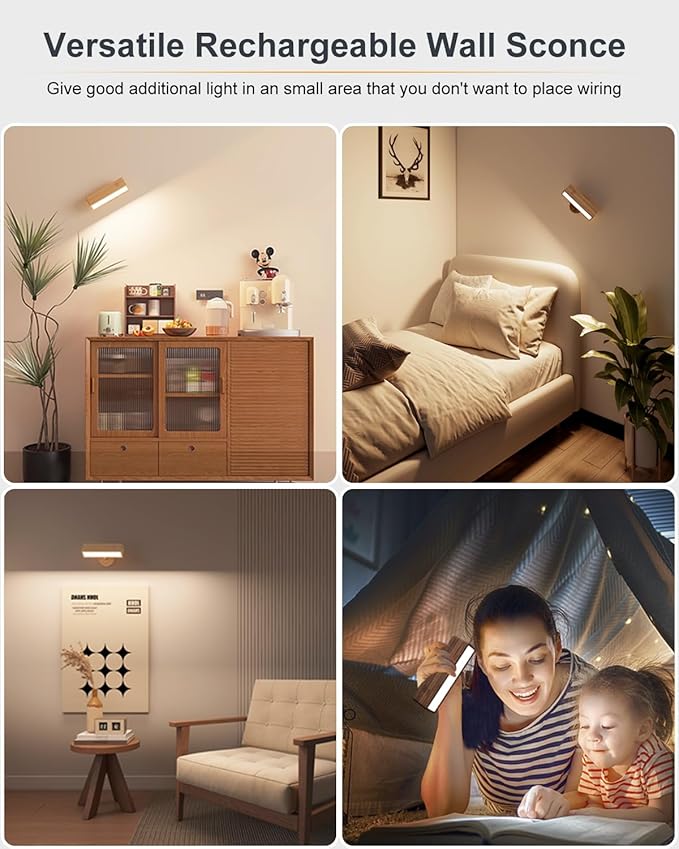 Battery Operated Wall Sconces Set of 2,Rechargeable Wall Lights Wood,Stick On Wall Lights for Bedroom,Wall Mounted Bedside Reading Lamps Dimmable,Battery Powered Wall Lamp for Bedroom
