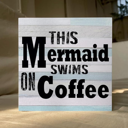 Mermaid Decor Beach Decorations for Home Rustic Kitchen Mermaid Bathroom Beach Theme Wooden Box Sign for Home Sea Desk Coffee Bar Shelf Centerpieces Table